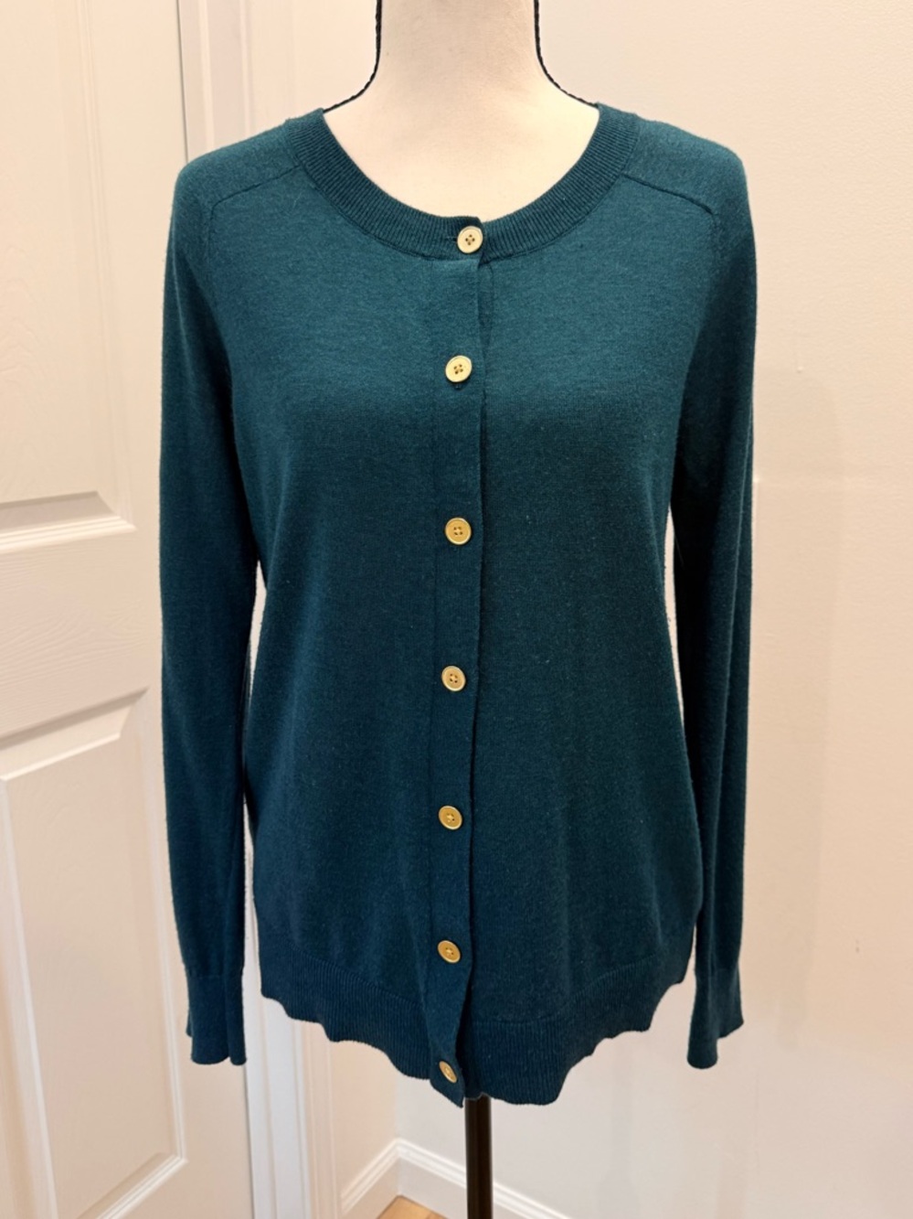 LOFT Teal Button-Up Crewneck Cardigan